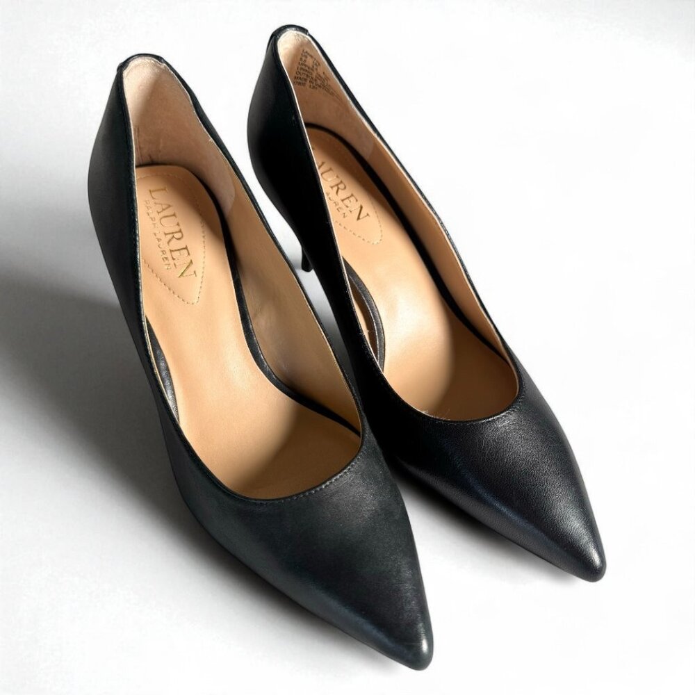 Ralph Lauren Black Leather Pumps | Size 5.5 | | Gold Logo | New w/ Imperfections